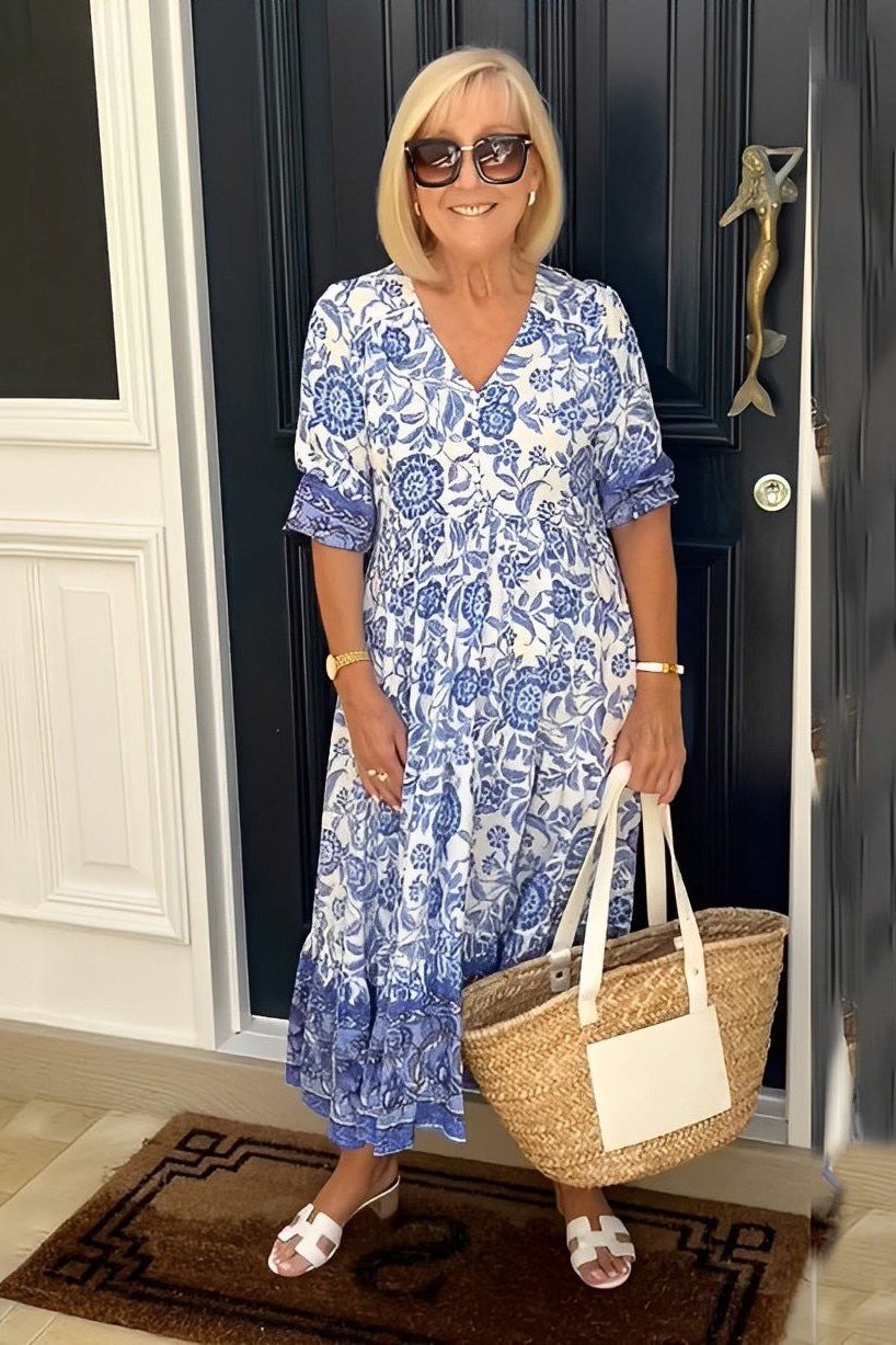 blue and white floral midi dress for women over 60