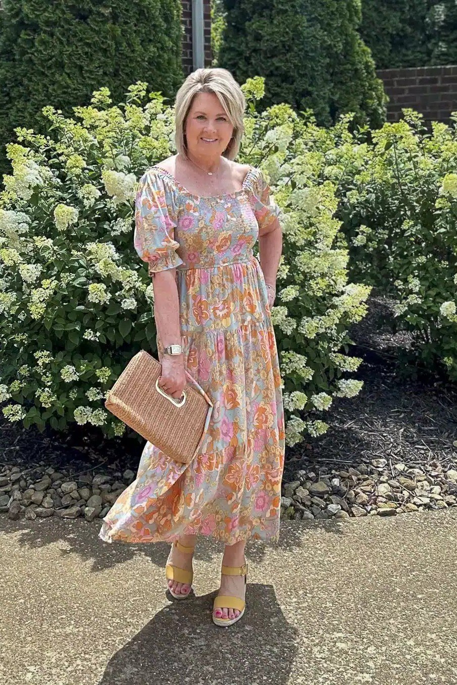pink and green floral midi dress for women over 60