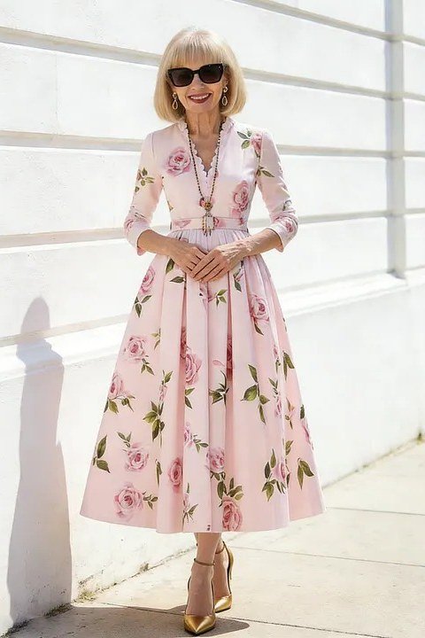 pink floral midi dress for women over 60