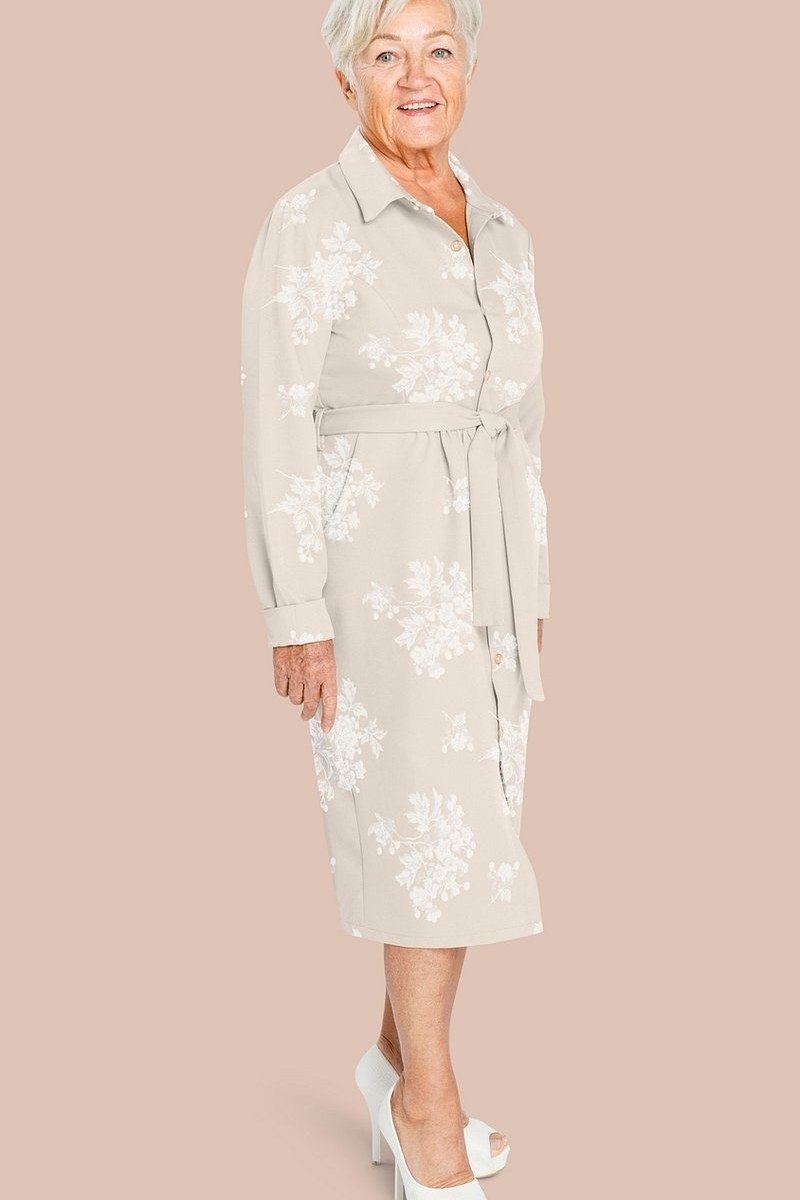 Cream white-floral midi shirt dress for women over 60: subtle tone-on-tone flowers with long sleeves and a tie belt