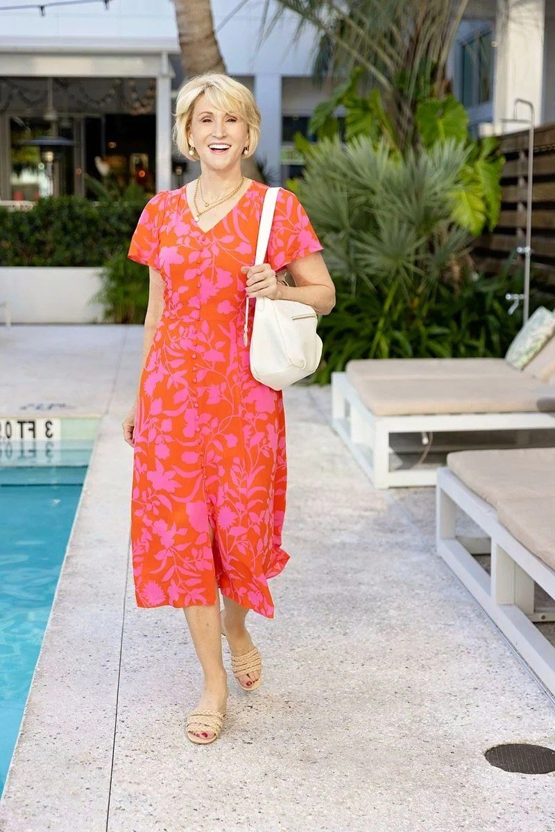 coral red floral midi dress for women over 60