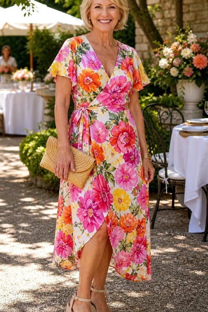 multicolor floral midi dress for women over 60