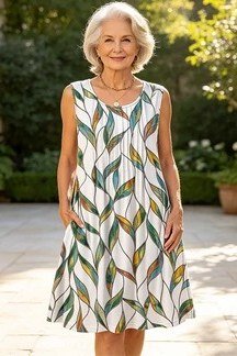 green leaf print sleeveless midi dress for women over 60