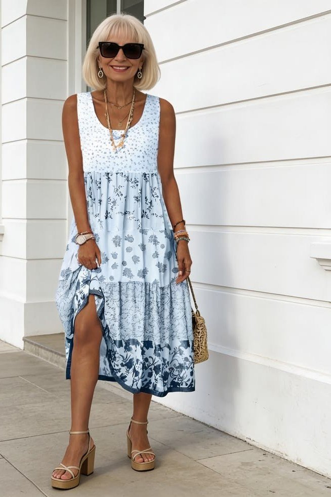 blue and white crochet sleeveless midi dress for women over 60