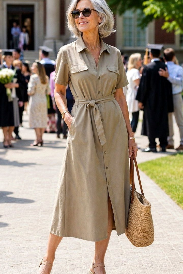 Khaki safari shirt dress for women over 60: chest pockets and tie belt with a woven straw tote