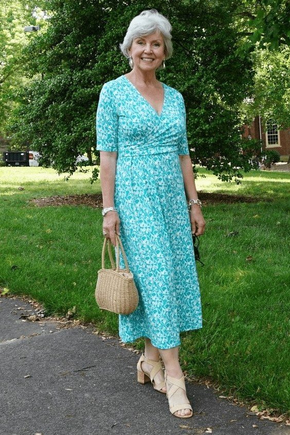 turquoise ditsy sleeveless midi dress for women over 60