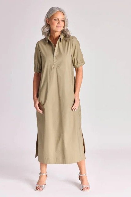 Khaki side-slit shirt dress for women over 60: straight silhouette with side slits and silver sandals