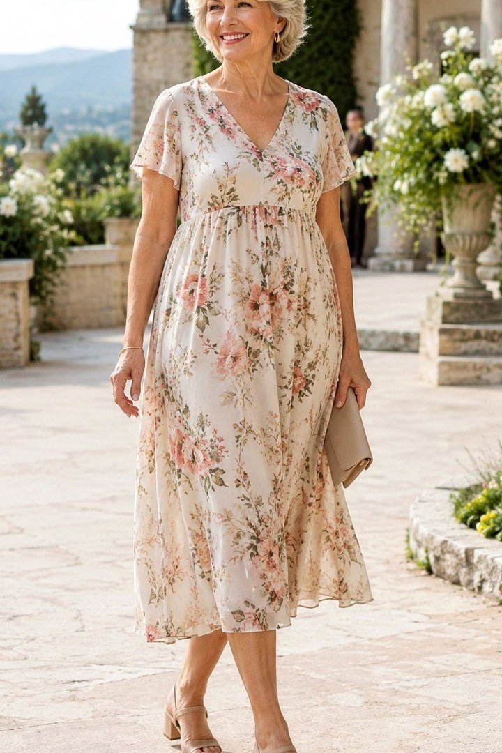 beige floral midi dress for women over 60