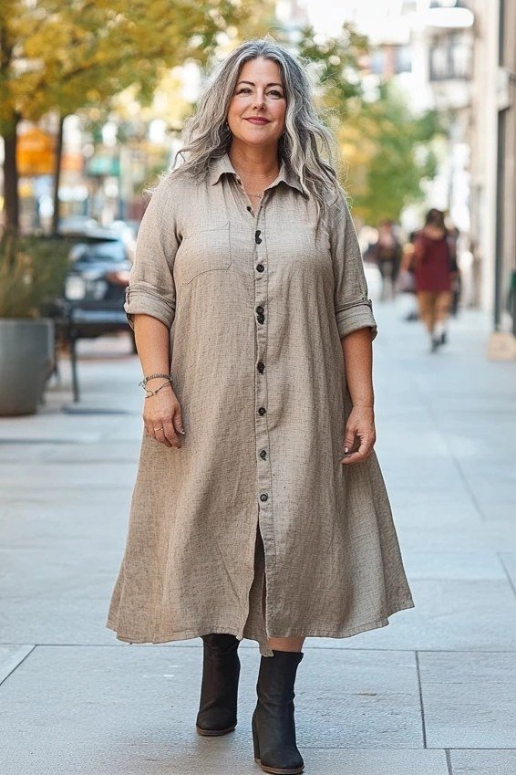 Taupe linen shirt dress for women over 60: fluid long-sleeve style paired with black ankle boots