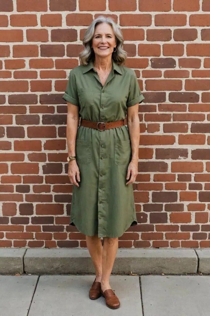 Green safari shirt dress for women over 60: flap pockets and short sleeves with a brown leather belt and loafers