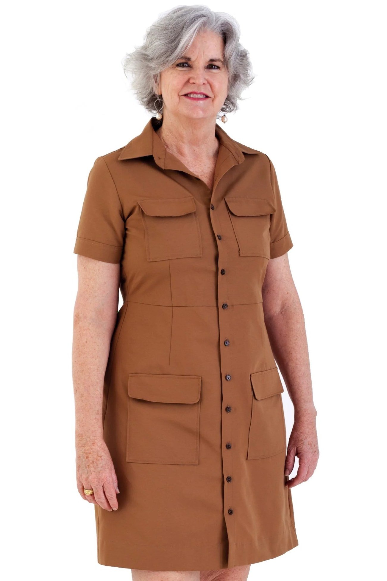 Rust safari shirt dress for women over 60: warm caramel tone with patch pockets, short sleeves and knee length