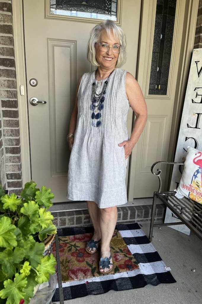 grey sleeveless embroidered midi dress for women over 60