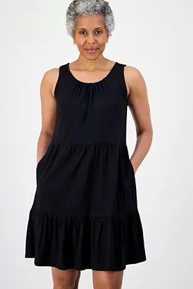 black sleeveless tiered midi dress for women over 60