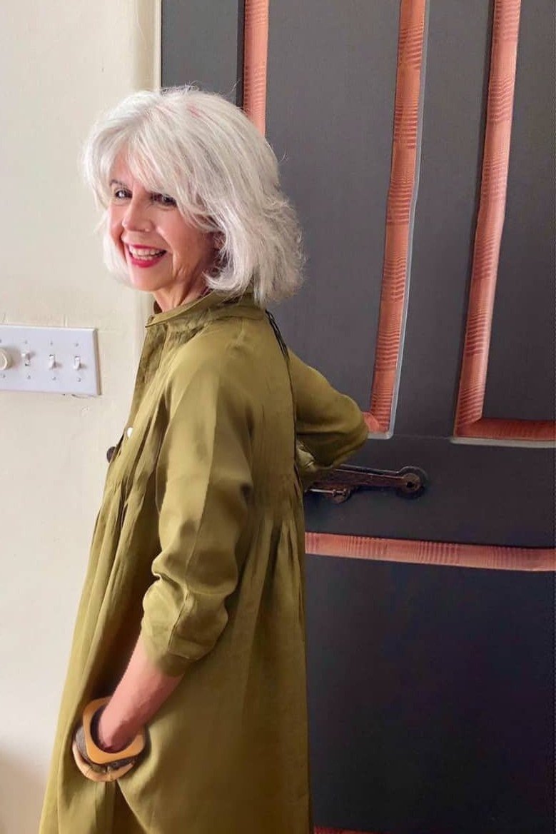 Olive long-sleeve maxi shirt dress for women over 60: deep olive with a clean column silhouette