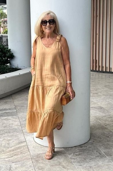 tan tiered sleeveless midi dress for women over 60
