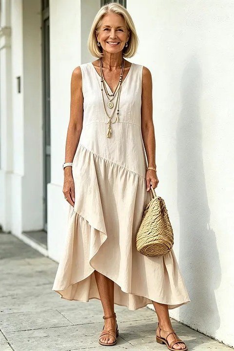 cream asymmetric sleeveless midi dress for women over 60
