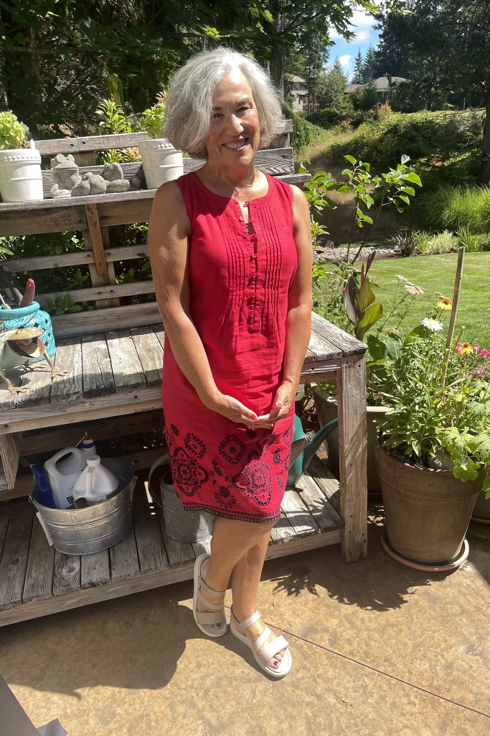 red sleeveless midi dress for women over 60