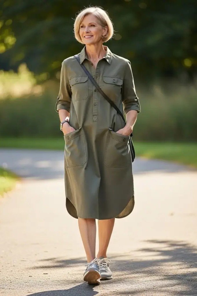 Olive shirt dress for women over 60: long sleeves and patch pockets styled with sneakers and a black crossbody