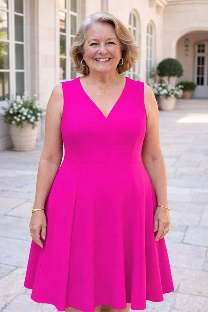 hot pink sleeveless midi dress for women over 60