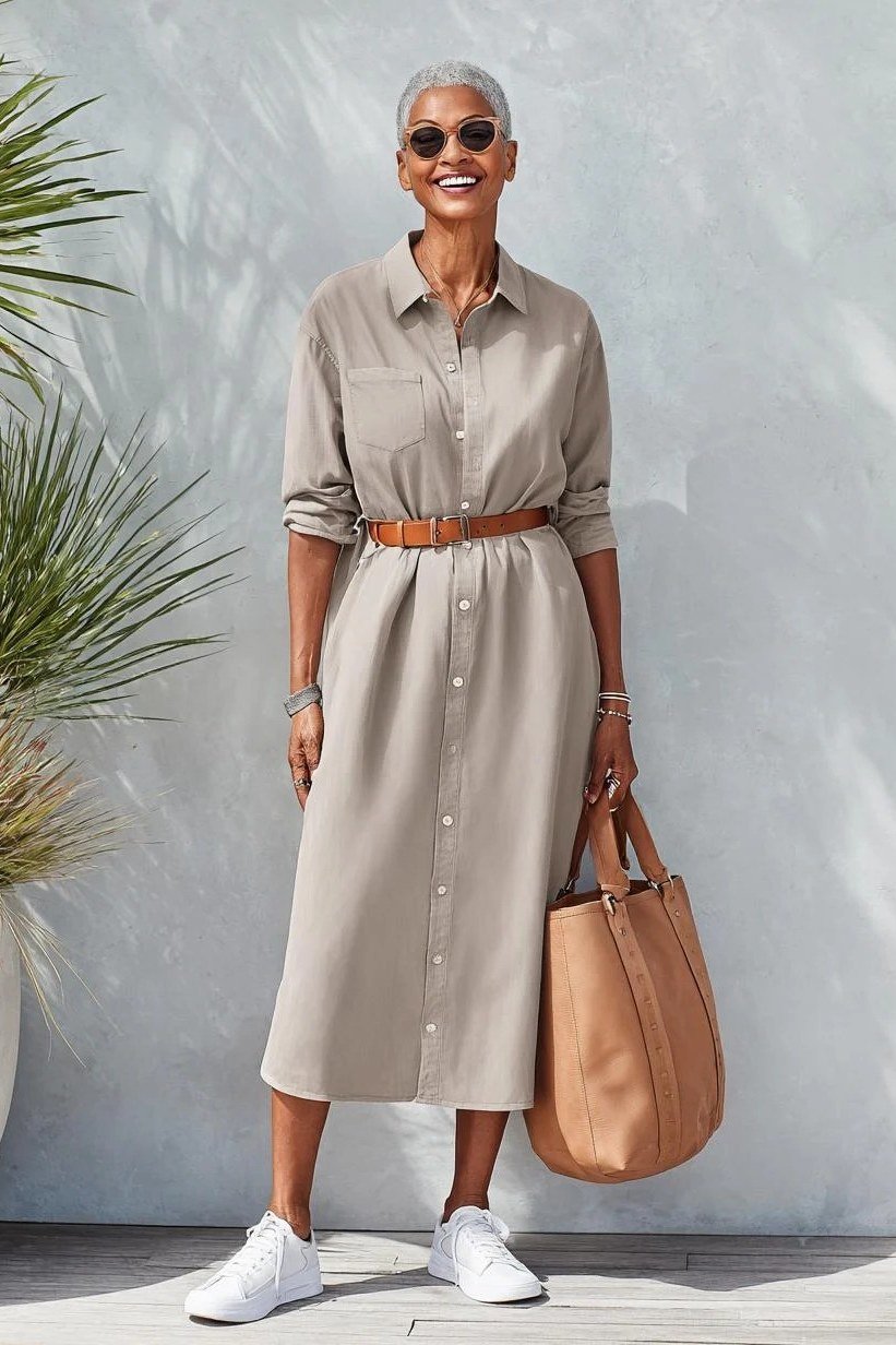Taupe shirt dress for women over 60: soft taupe with long sleeves, a brown belt, white sneakers and a tan tote