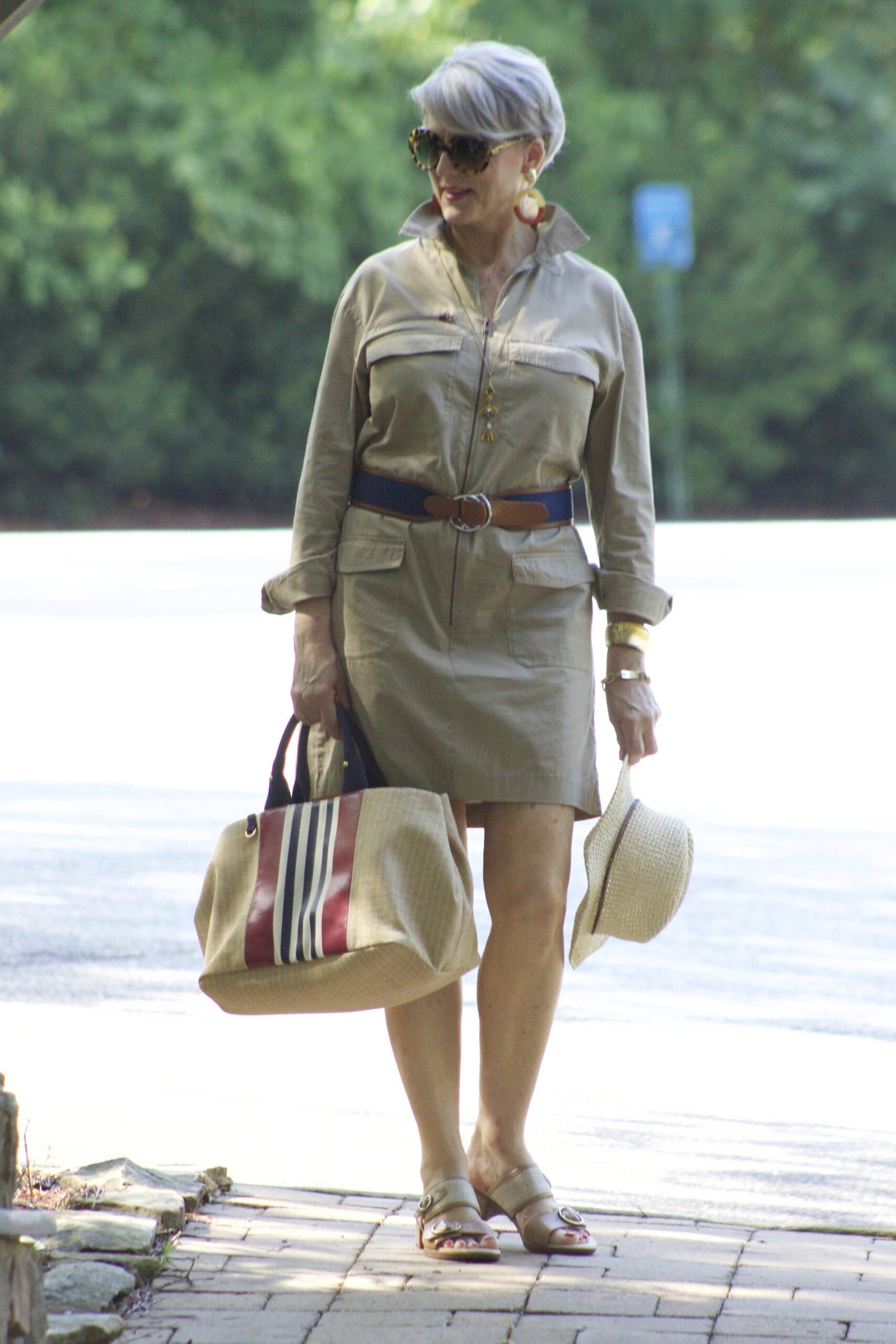 Khaki safari mini shirt dress for women over 60: shorter length with long sleeves and a dark contrast belt