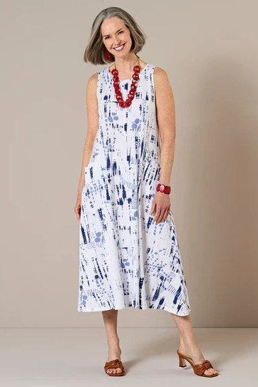blue and white tie-dye sleeveless midi dress for women over 60