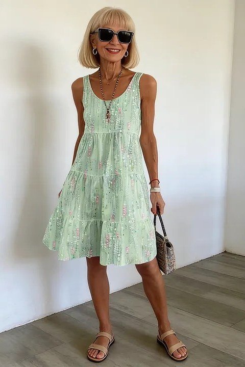 mint green tiered sleeveless midi dress for women over 60