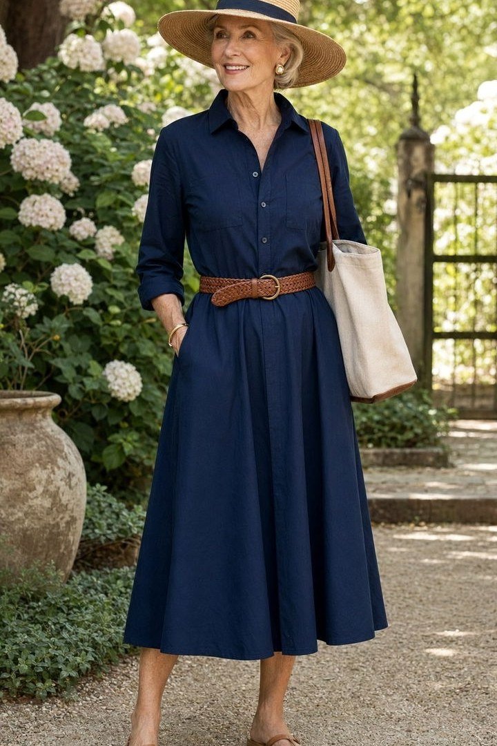 Navy shirt dress for women over 60: deep navy with long sleeves, a woven brown belt and a wide straw hat