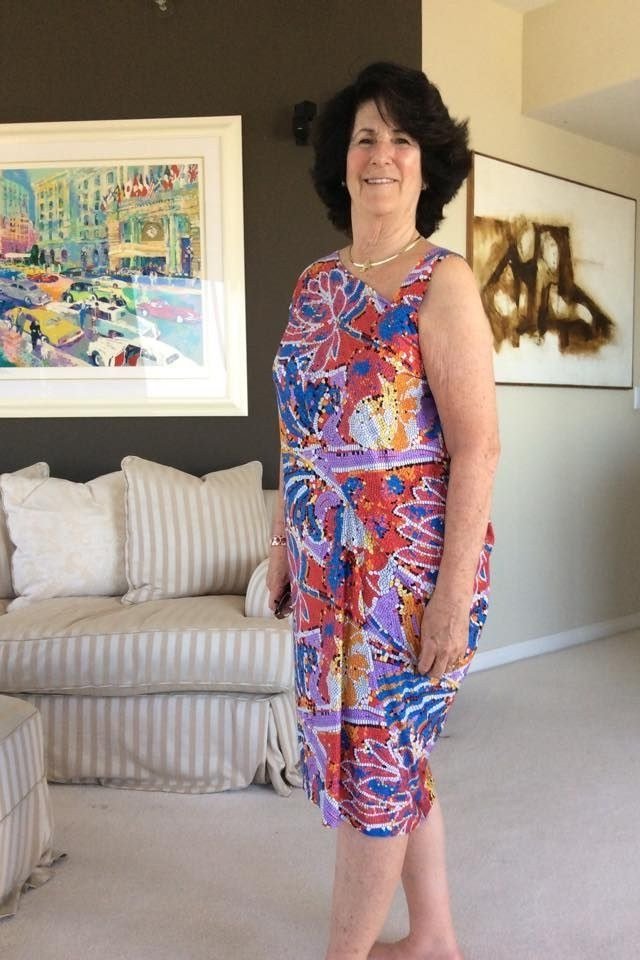 colorful abstract sleeveless midi dress for women over 60
