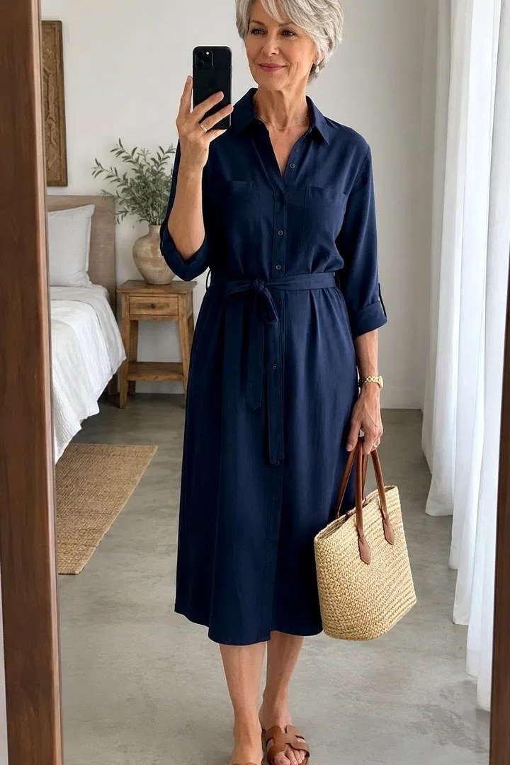 Navy three-quarter-sleeve shirt dress for women over 60: self-tie belt and knee length with a straw tote