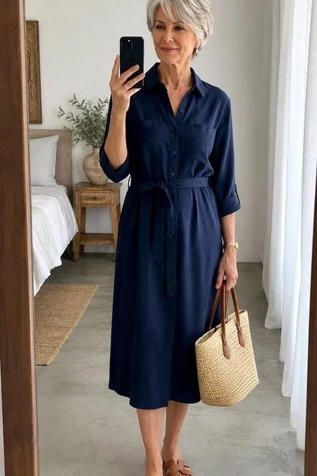 Navy tie-belt shirt dress for women over 60: three-quarter sleeves and a tie belt with a woven straw tote