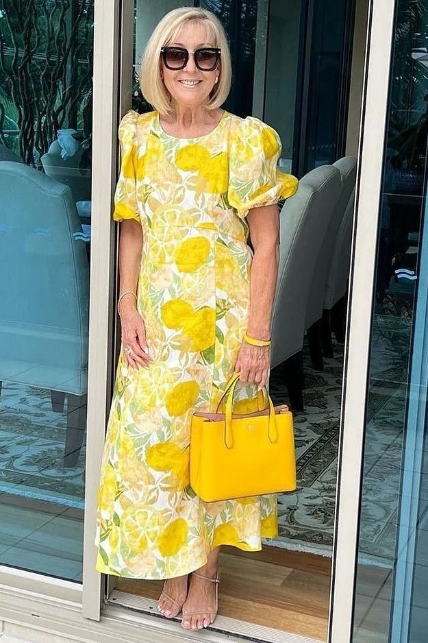 yellow lemon print midi dress for women over 60
