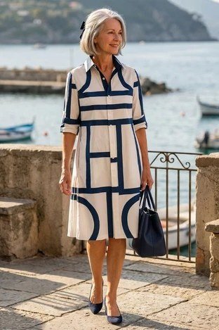 Navy geometric border-print shirt dress for women over 60: bold navy pattern on white with short sleeves