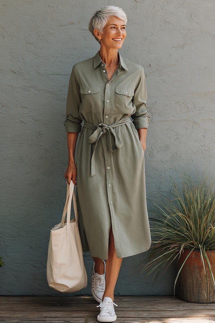 Sage safari shirt dress for women over 60: tie belt and chest pockets styled with white sneakers and a canvas tote