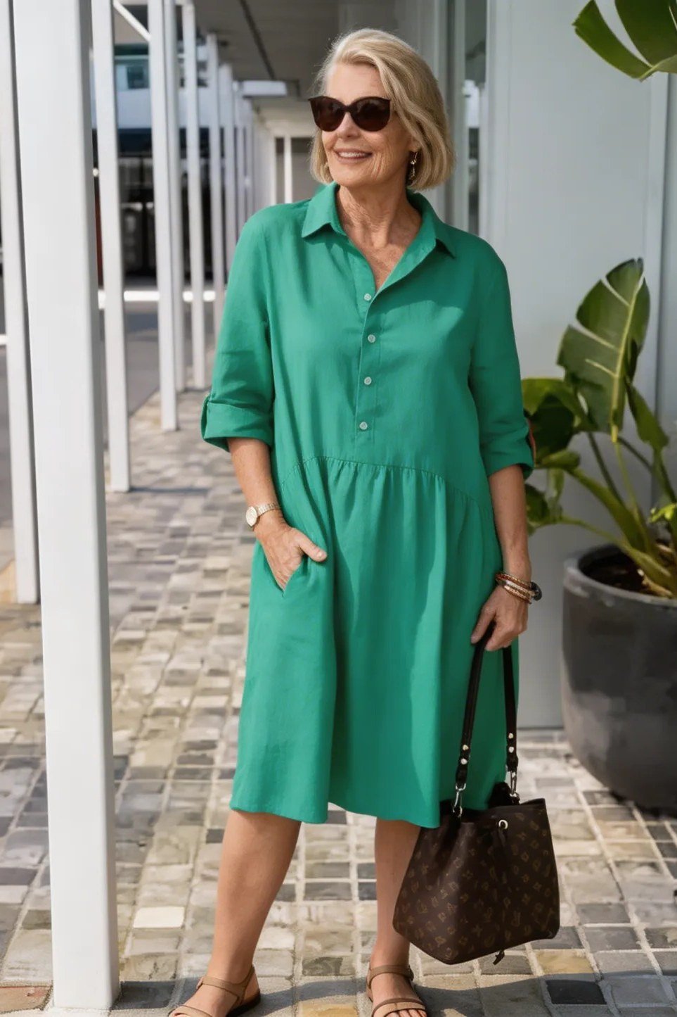 Emerald green gathered shirt dress for women over 60: jewel-toned with three-quarter sleeves and a softly gathered waist