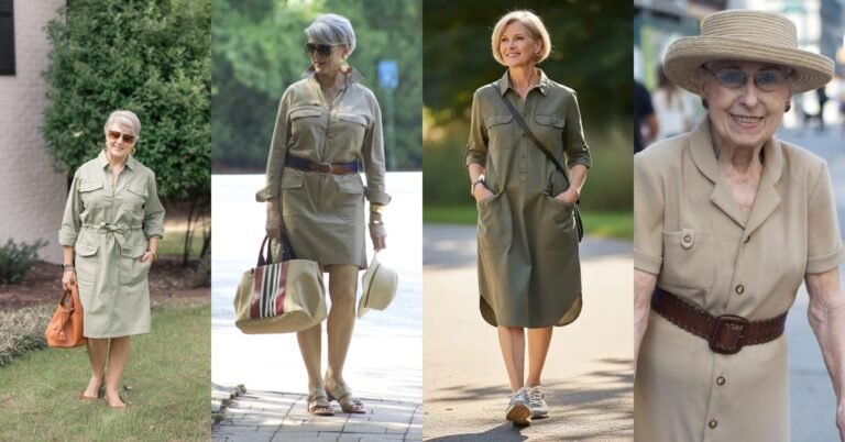 Collage of four chic shirt dresses for women over 60: floral, khaki safari, navy and emerald styles