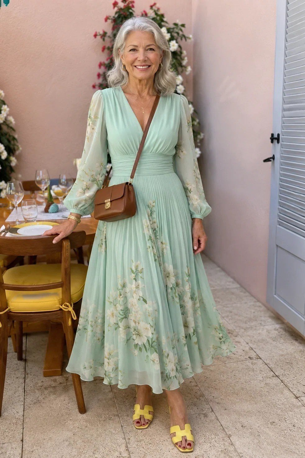 Mint floral maxi summer dress for older women with tan crossbody bag