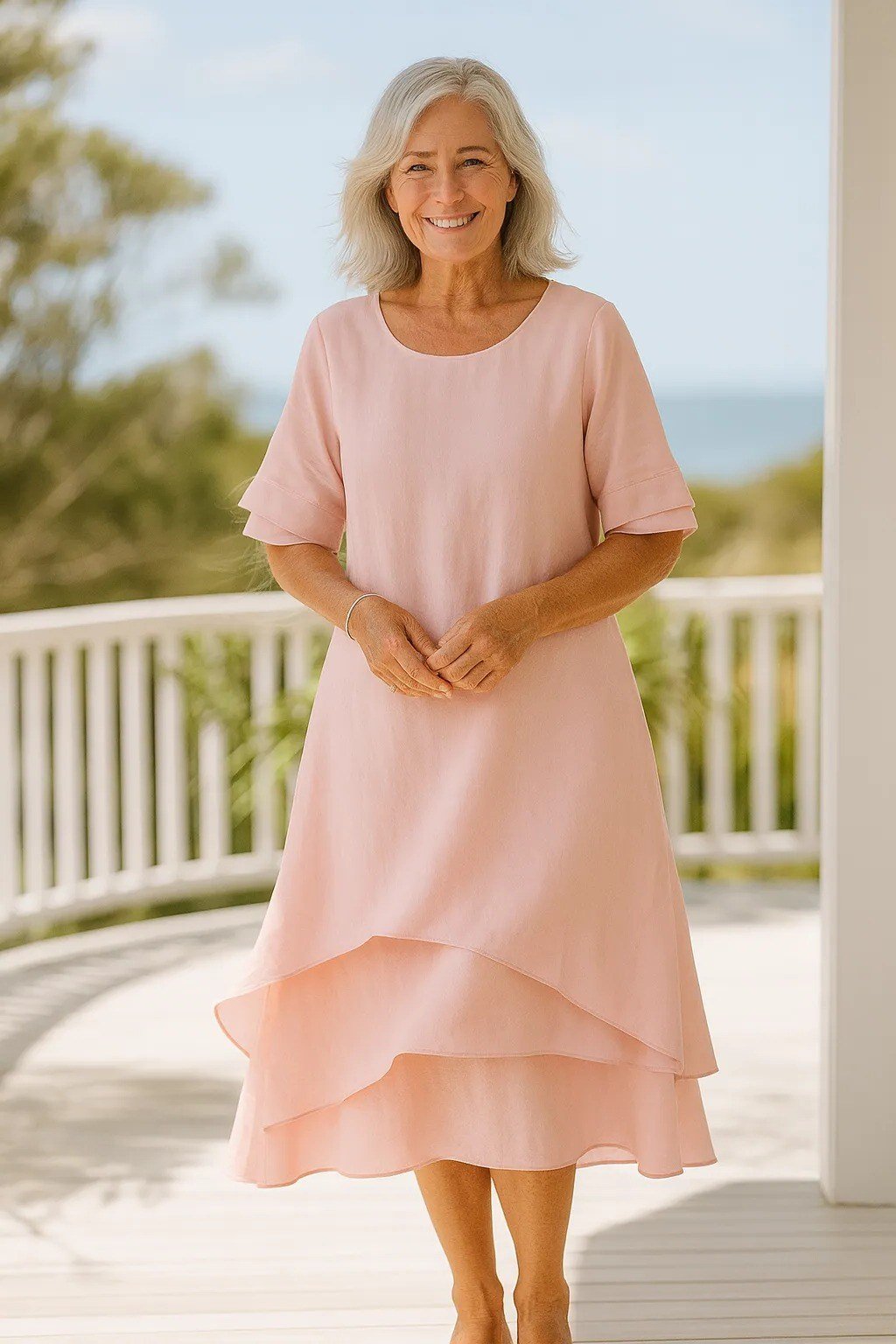 Peach layered midi summer dress for older women on a porch