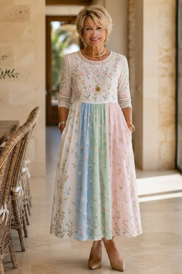 Pastel rainbow striped maxi summer dress for older women