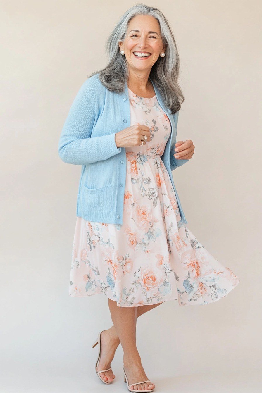 Floral midi summer dress for older women with light blue cardigan
