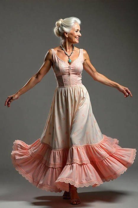 Pink and cream ruffled twirl maxi summer dress for older women