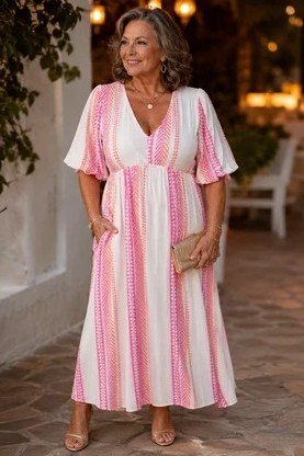 Pink and white striped maxi summer dress for older women