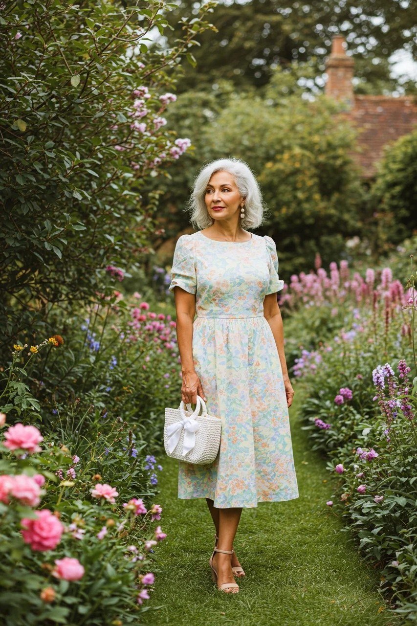 Pastel floral midi summer dress for older women in a rose garden