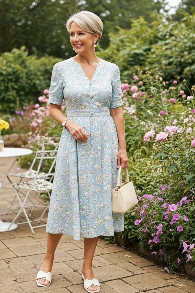 Light blue floral shirt summer dress for older women in a garden