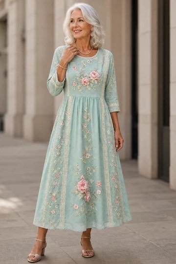 Mint floral maxi summer dress for older women on a city street