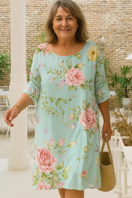 Mint summer dress with pink roses for older women