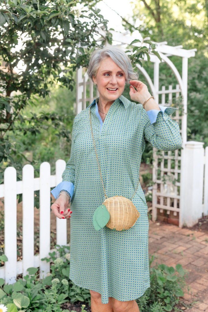 Green gingham shirt summer dress for older women