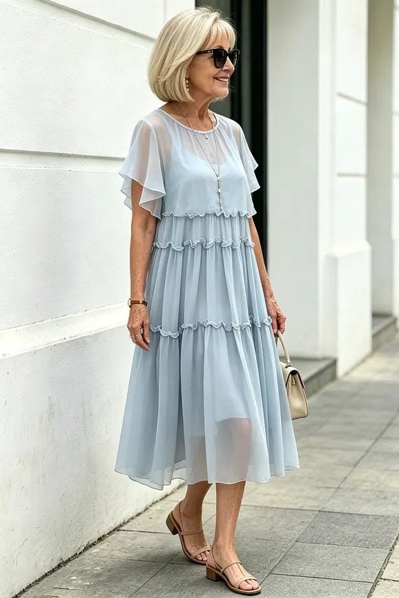 Light blue tiered maxi summer dress for older women