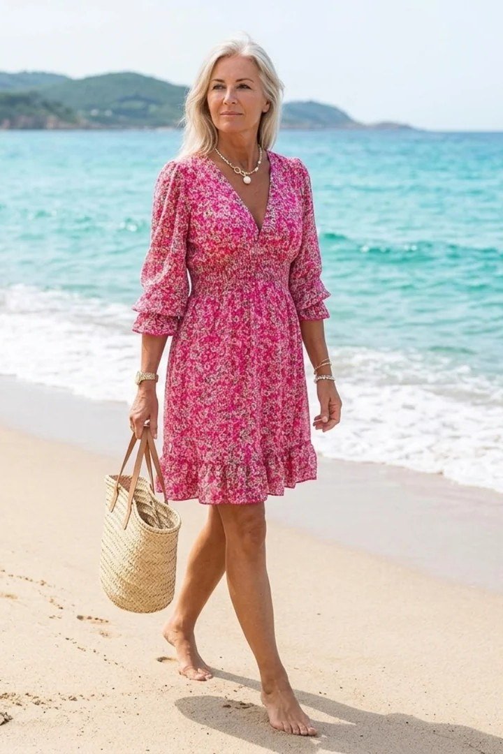 Pink floral beach summer dress for older women