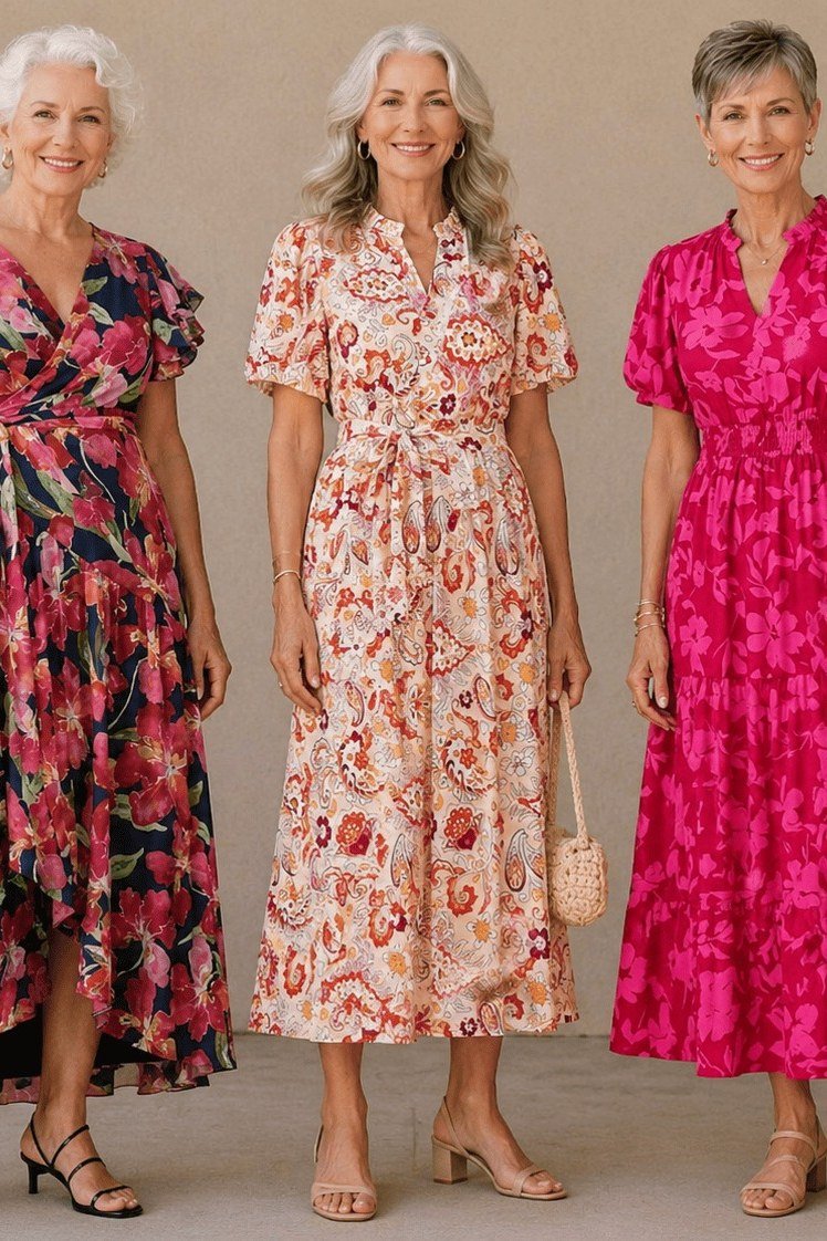 Three older women in pink and red floral summer dresses